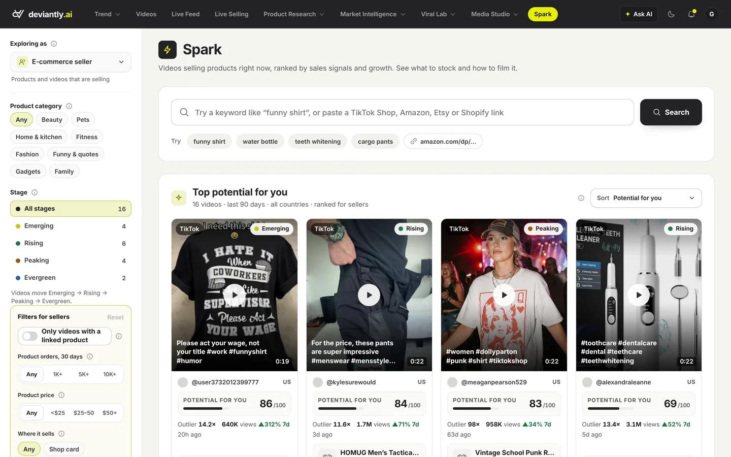 Spark Explore: short videos ranked by potential for an e-commerce seller