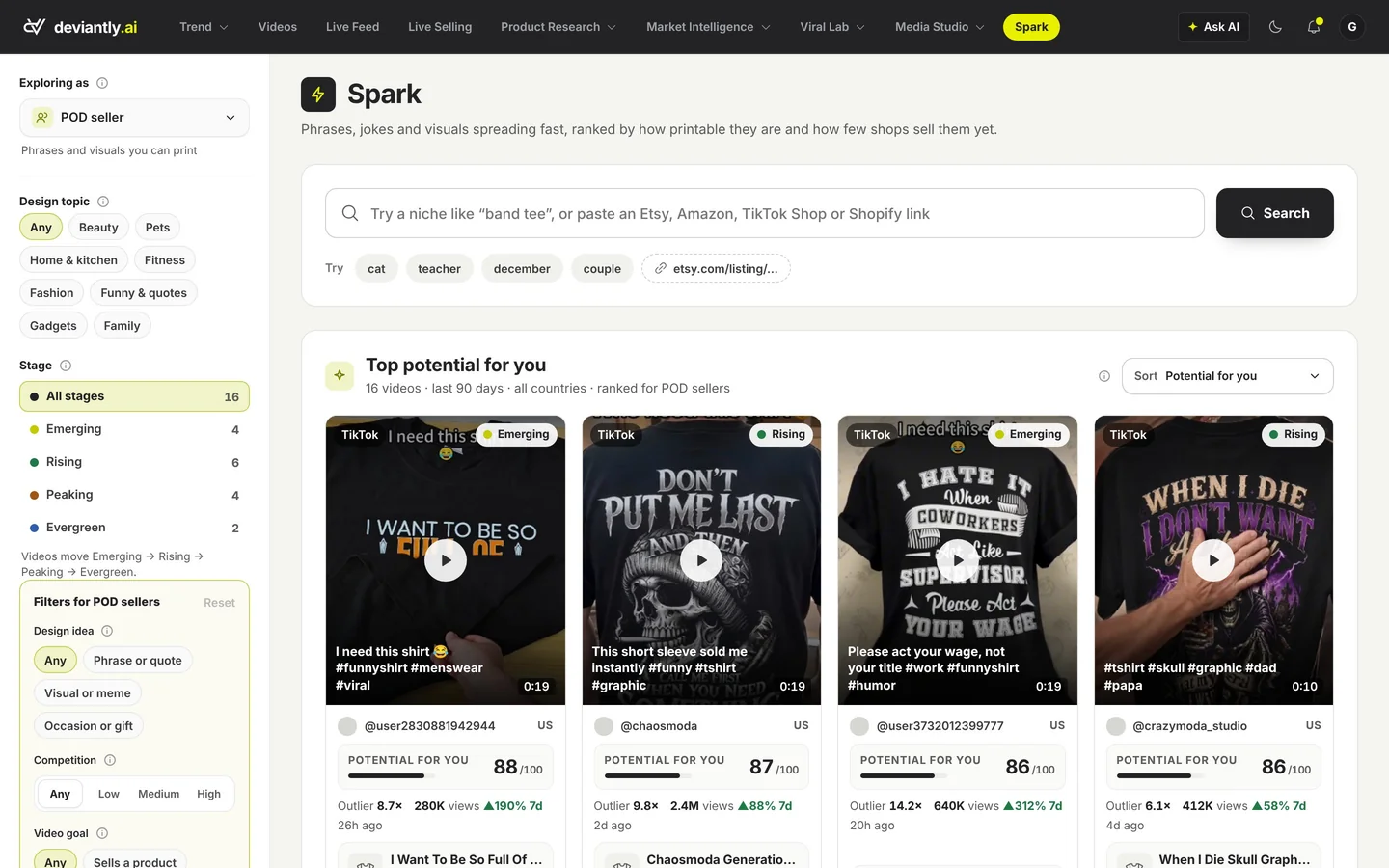 Spark in POD mode: phrases and visuals ranked by how printable they are